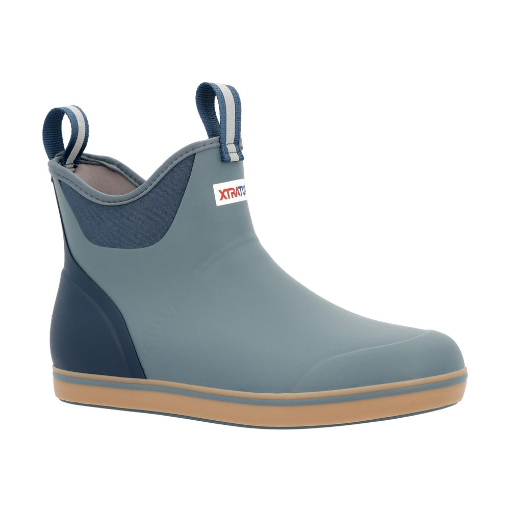 Blue and grey ankle deck boot with tan sole, pull tabs, and XTRATUF logo.