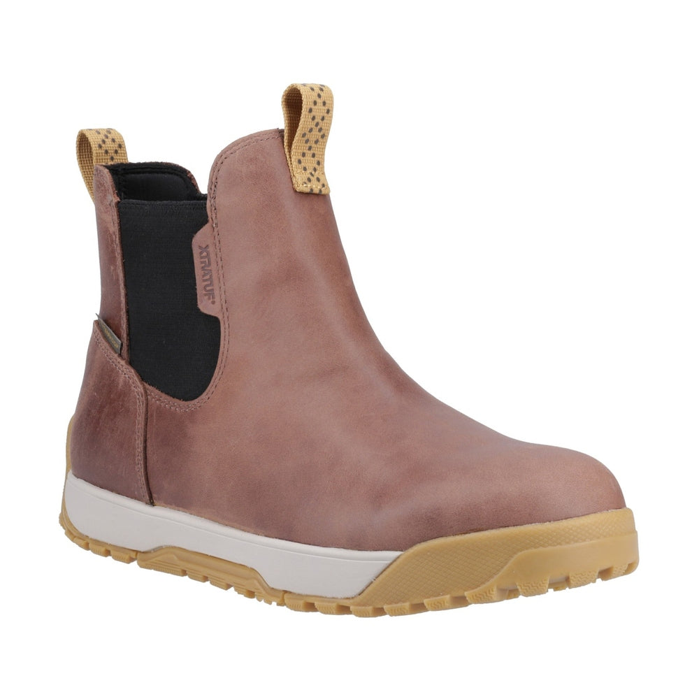 Brown leather XTRATUF Ankle Deck Boot with black elastic sides, white midsole, and tan non-slip sole.