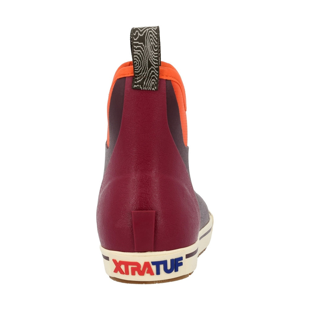 Burgundy and orange XTRATUF Ankle Deck Camp Boot with a patterned pull tab.