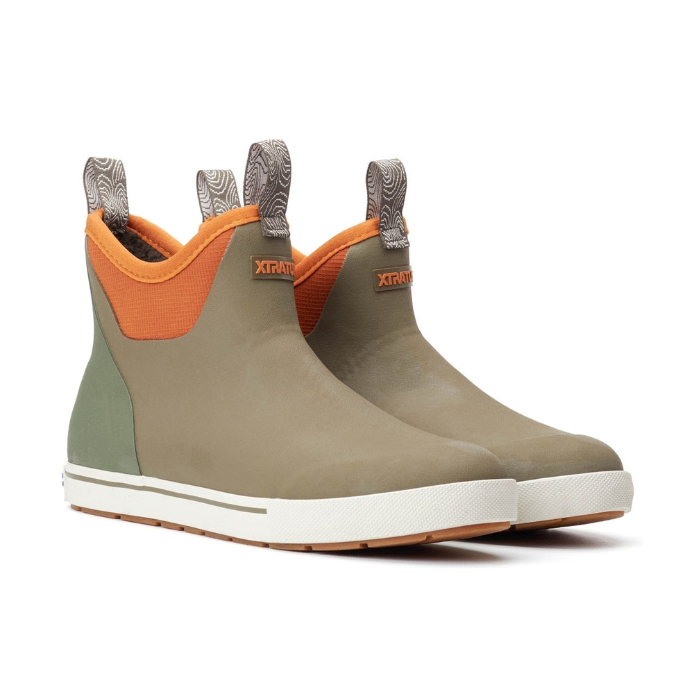 Pair of olive green and orange XTRATUF Ankle Deck Camp Boots with white soles.