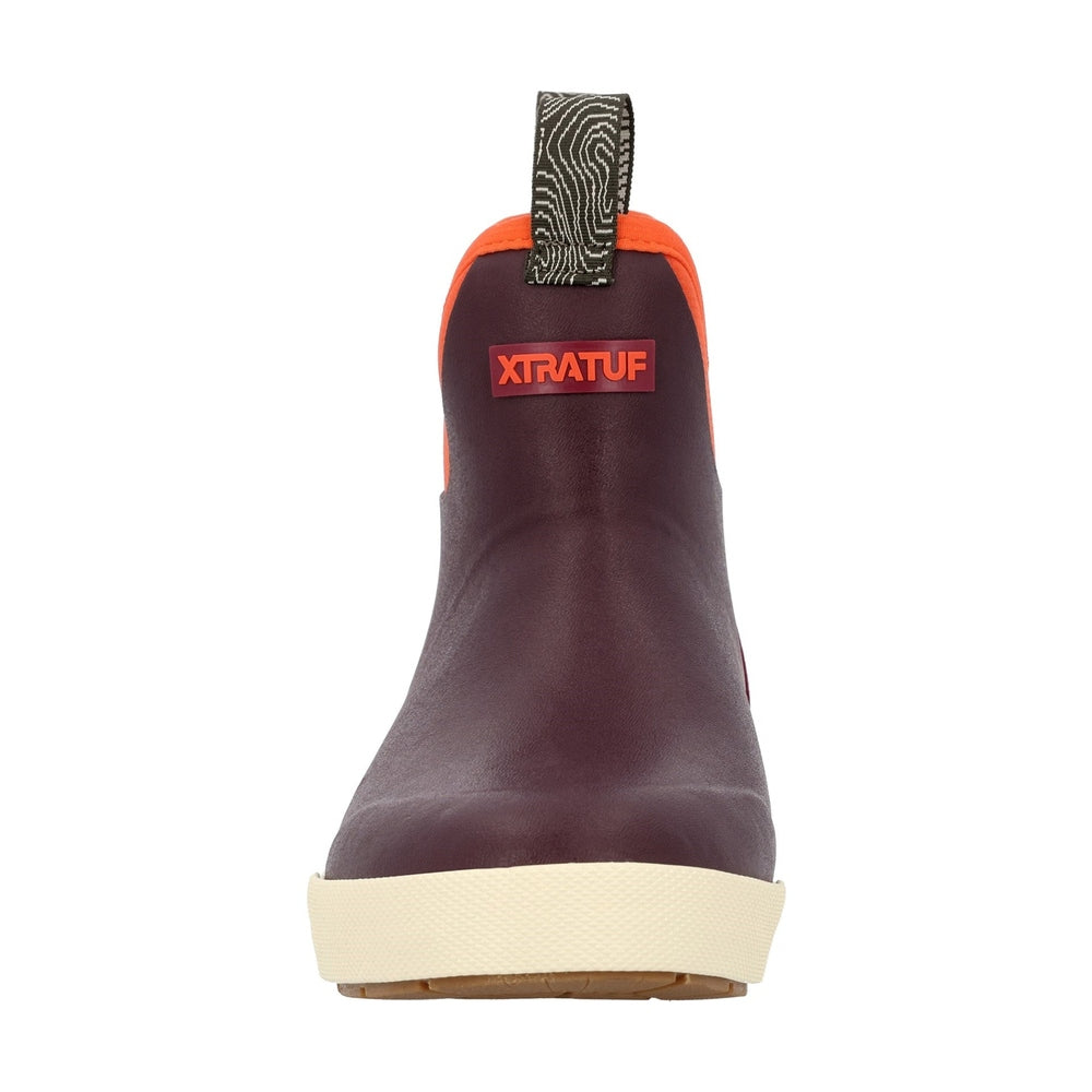 XTRATUF Ankle Deck Camp Boot in dark red with an orange collar and cream sole.