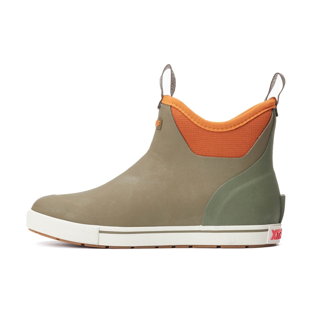 Olive green Ankle Deck Camp Boot with orange neoprene cuff and white sole.