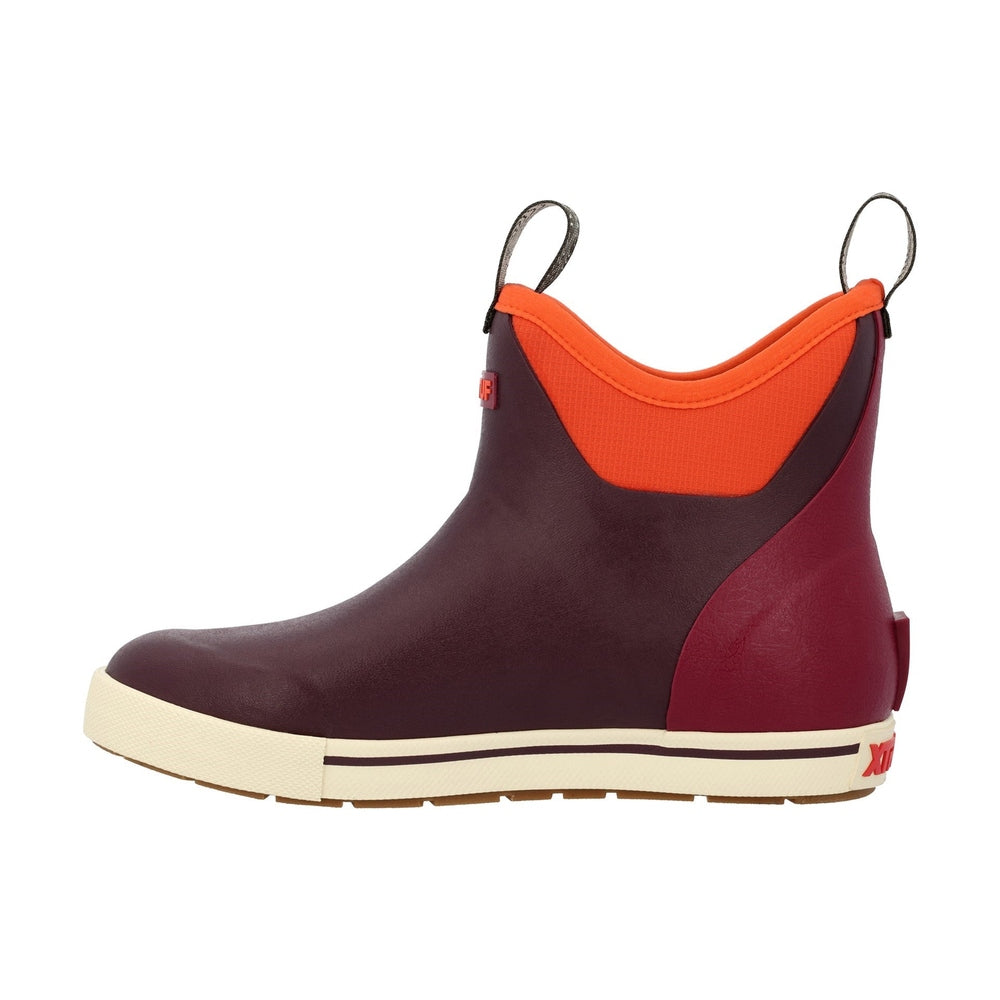 Maroon and orange ankle deck boot with a cream sole and pull tabs.