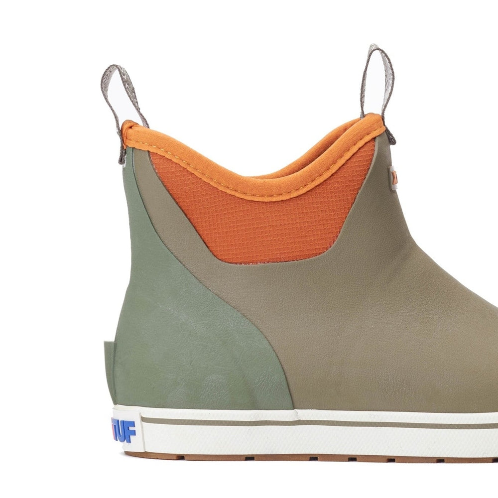 Olive green and orange ankle deck boot with a white sole, designed for waterproof, non-slip wear.