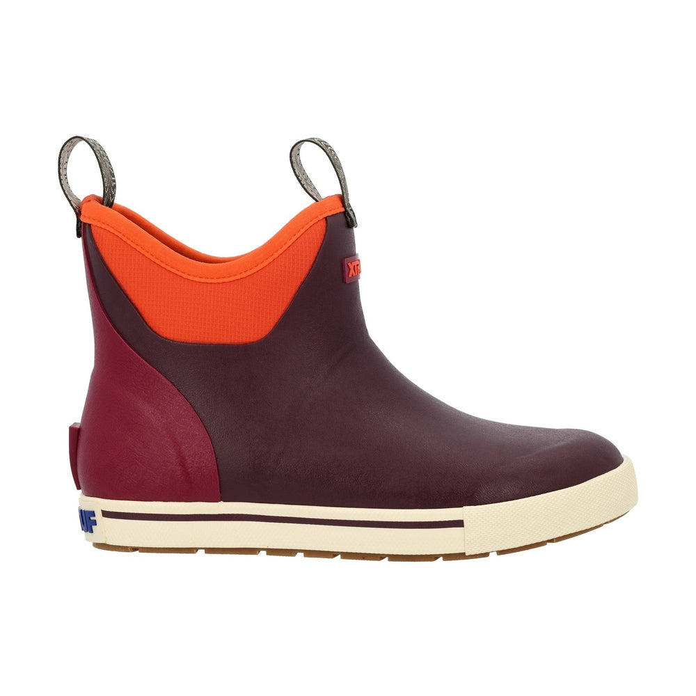 Maroon and orange ankle deck boot with a white sole and pull tabs.