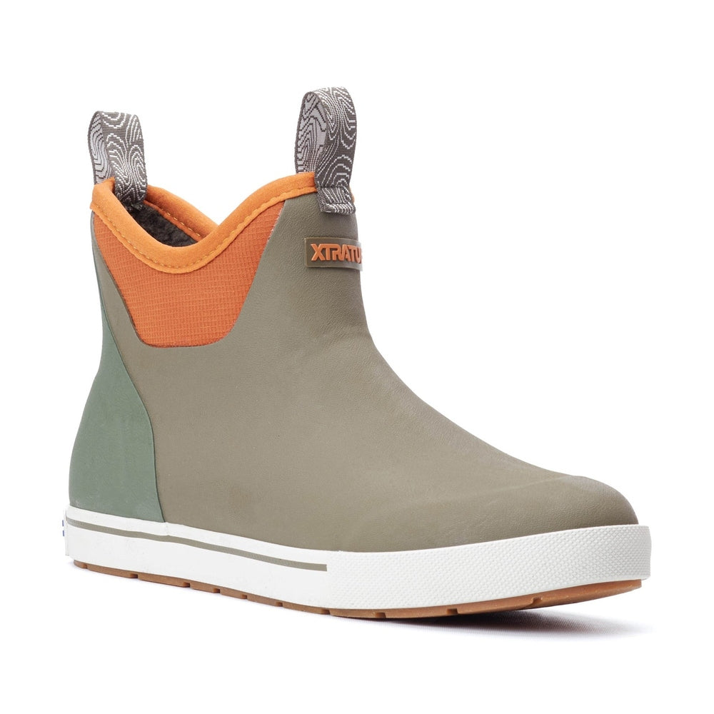 Olive green and orange XTRATUF Ankle Deck Boot with white sole and pull tabs.