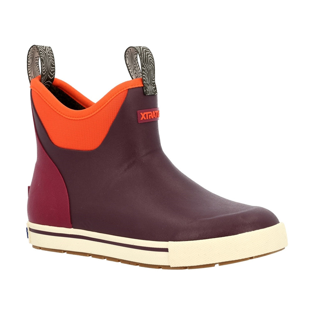 XTRATUF Ankle Deck Camp Boot, a maroon and orange waterproof boot with a white sole.