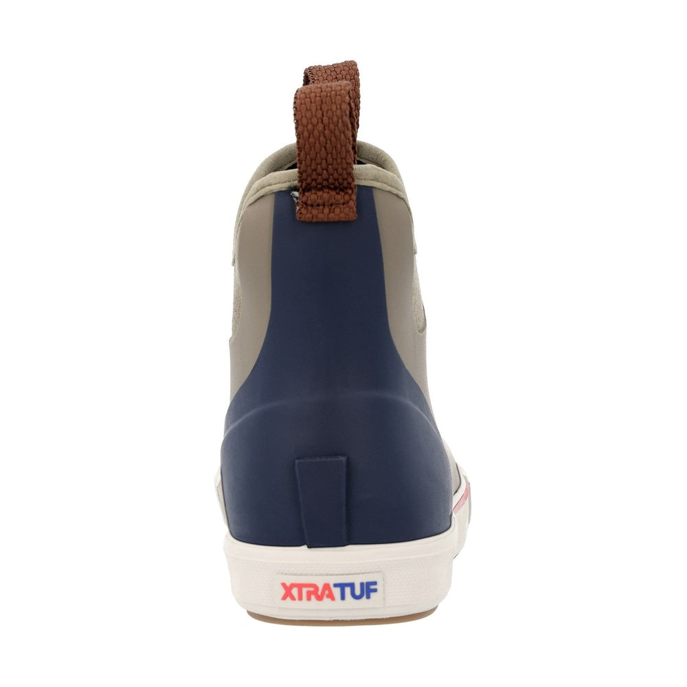 XTRATUF Ankle Deck Boot, vintage style, olive green and navy blue, with brown pull tab.