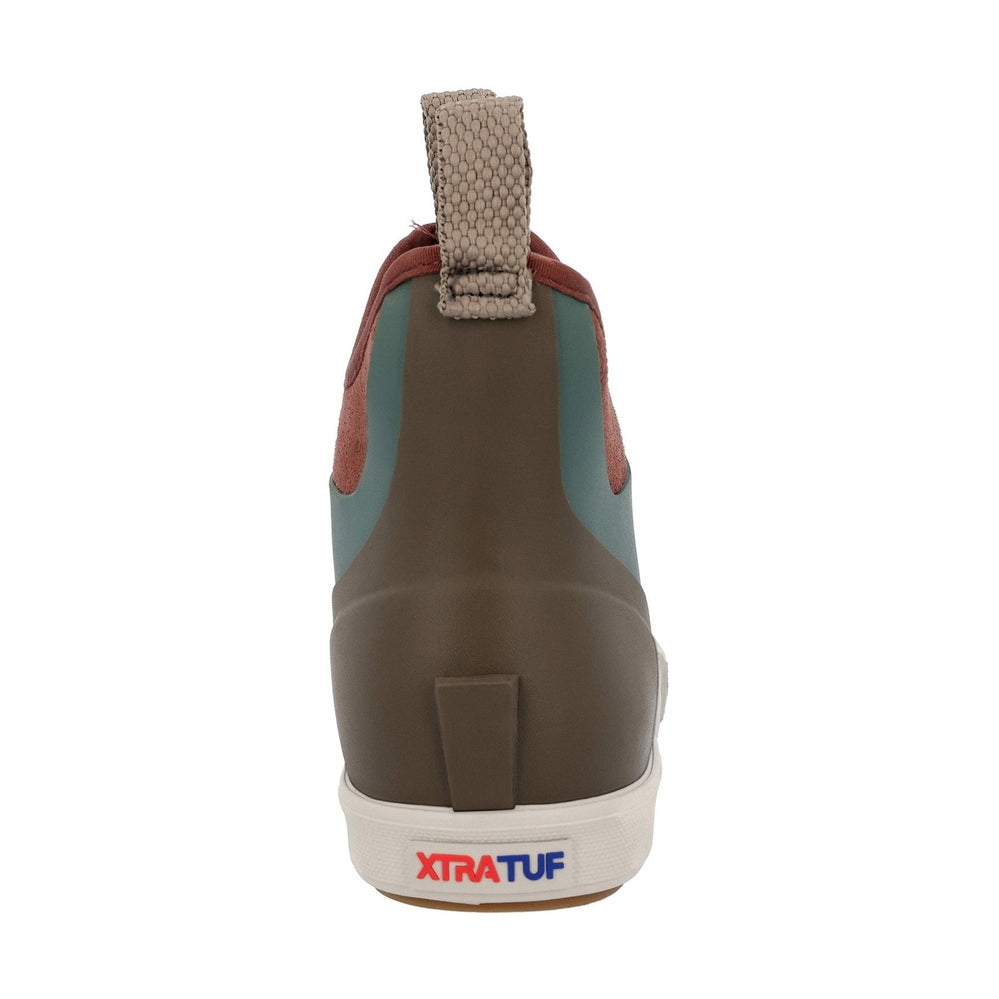 XTRATUF Ankle Deck Vintage Boot, brown and teal slip-on with a textured pull tab and white sole.