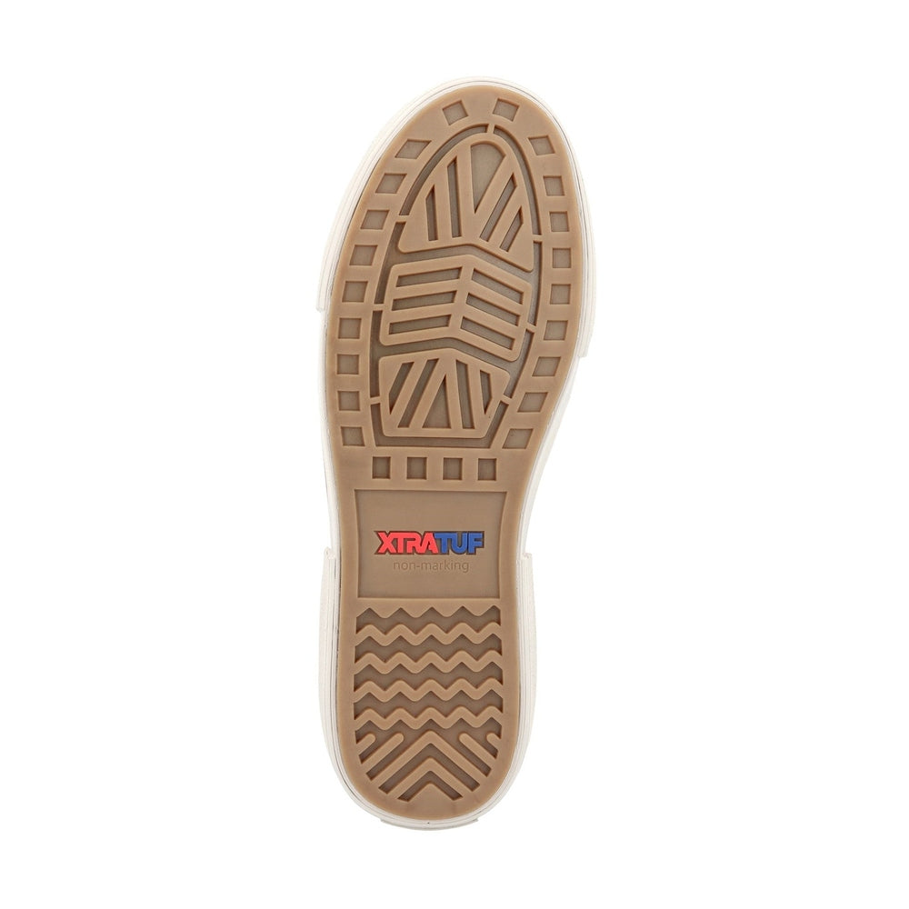 Bottom view of a beige XTRATUF non-marking, slip-resistant outsole with a textured tread.