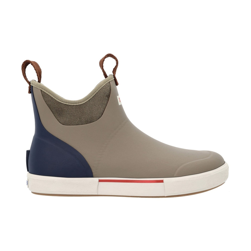 XTRATUF Ankle Deck Vintage Boot in taupe and navy with brown pull tabs and white sole.