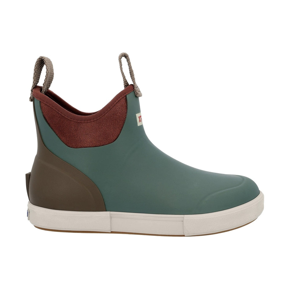 XTRATUF Ankle Deck Vintage Boot in teal and brown, with a white slip-resistant sole and pull tabs.
