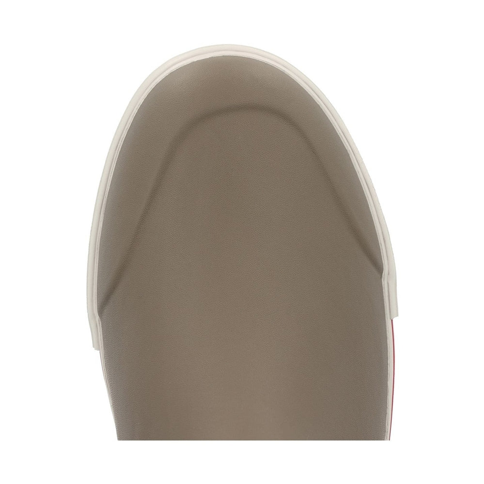 Top-down view of a taupe XTRATUF Ankle Deck Boot with a white trim and red accent.