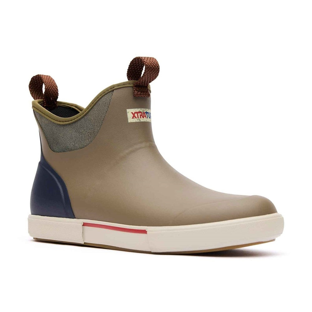 XTRATUF Ankle Deck Vintage Boot in olive green with navy heel, white sole, and brown pull tabs.