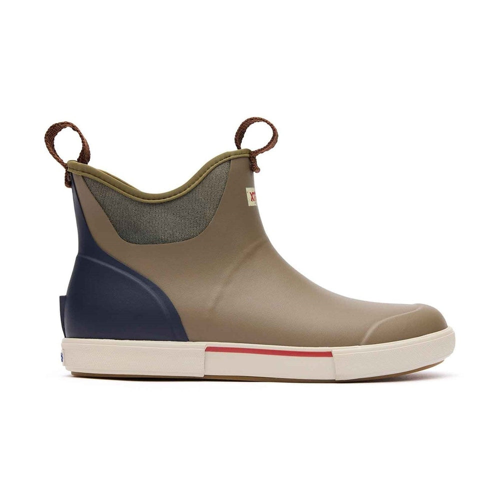 XTRATUF Ankle Deck Vintage Boot, olive green and navy, with brown pull tabs and white slip-resistant sole.