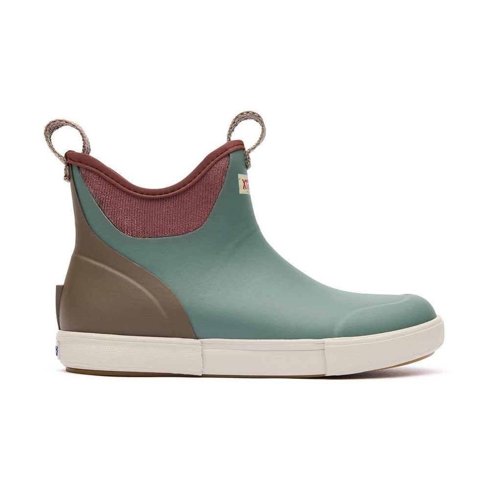 XTRATUF Ankle Deck Vintage Boot in teal, brown, and maroon with slip-resistant outsole.