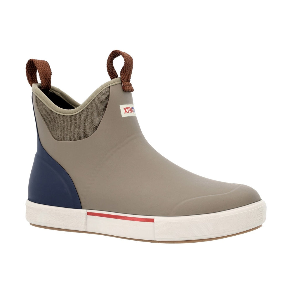 XTRATUF Ankle Deck Boot in gray and navy with brown pull tabs, slip-resistant outsole.