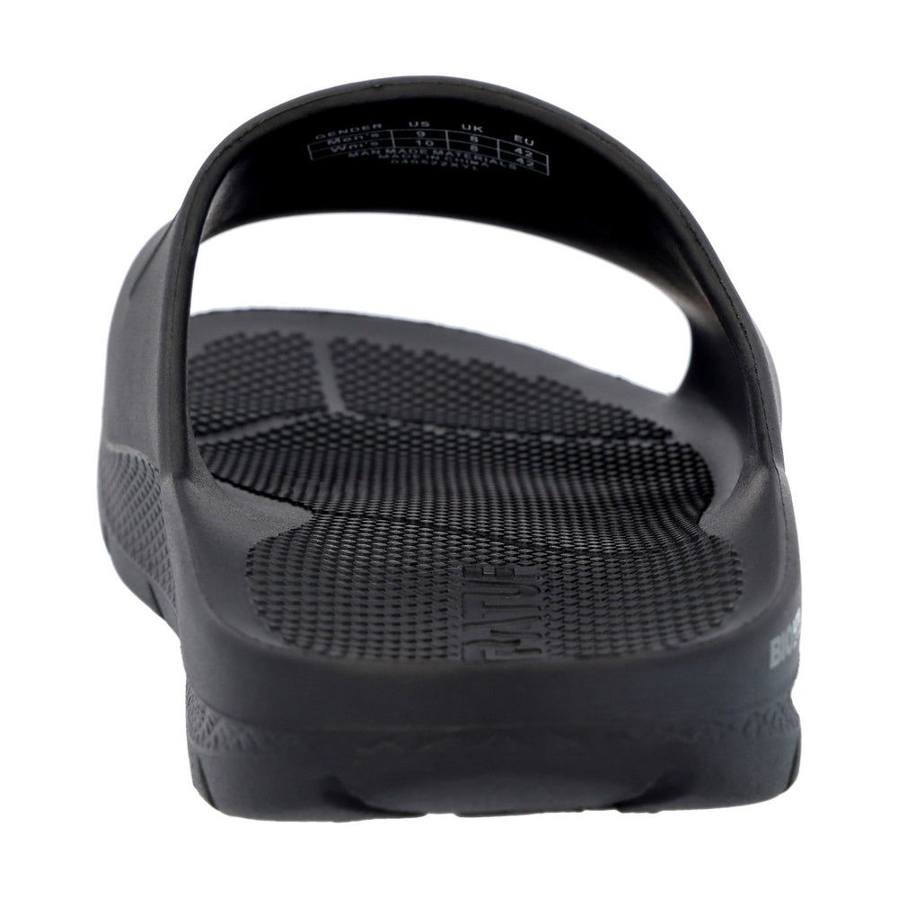 Black Apres Fish slide sandal, men's size 9, showing textured footbed and eco-conscious material.