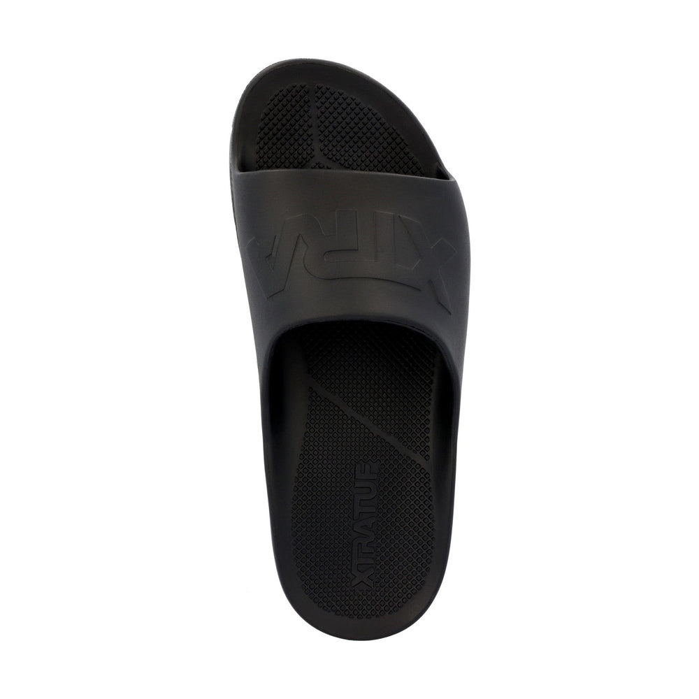 Black Apres Fish slide sandal with "XTRATUF" embossed on the strap and textured footbed.