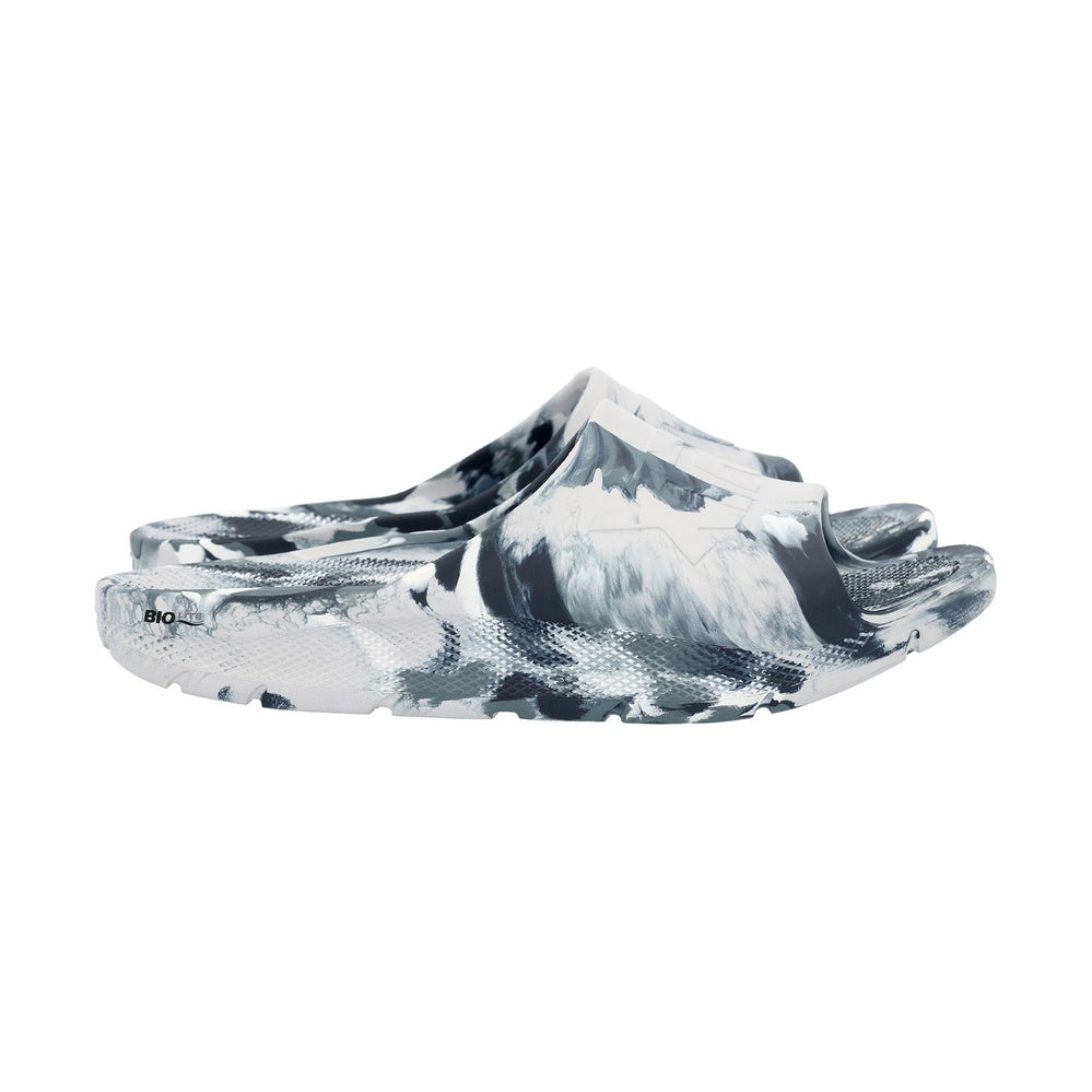 Apres Fish Slide in a white, grey, and black marbled eco-conscious material with a textured outsole.