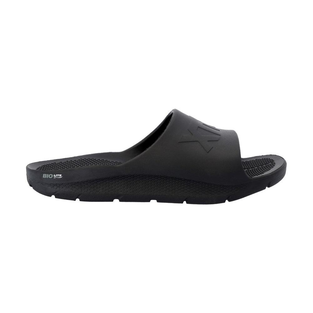 Black Apres Fish slide sandal, one-piece lightweight design with textured footbed and slip-resistant outsole.