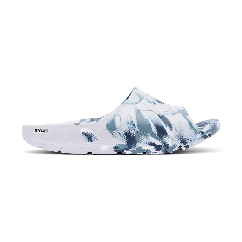 Apres Fish Slide: White and blue marbled eco-conscious slide sandal with "BIO-LITE" branding.