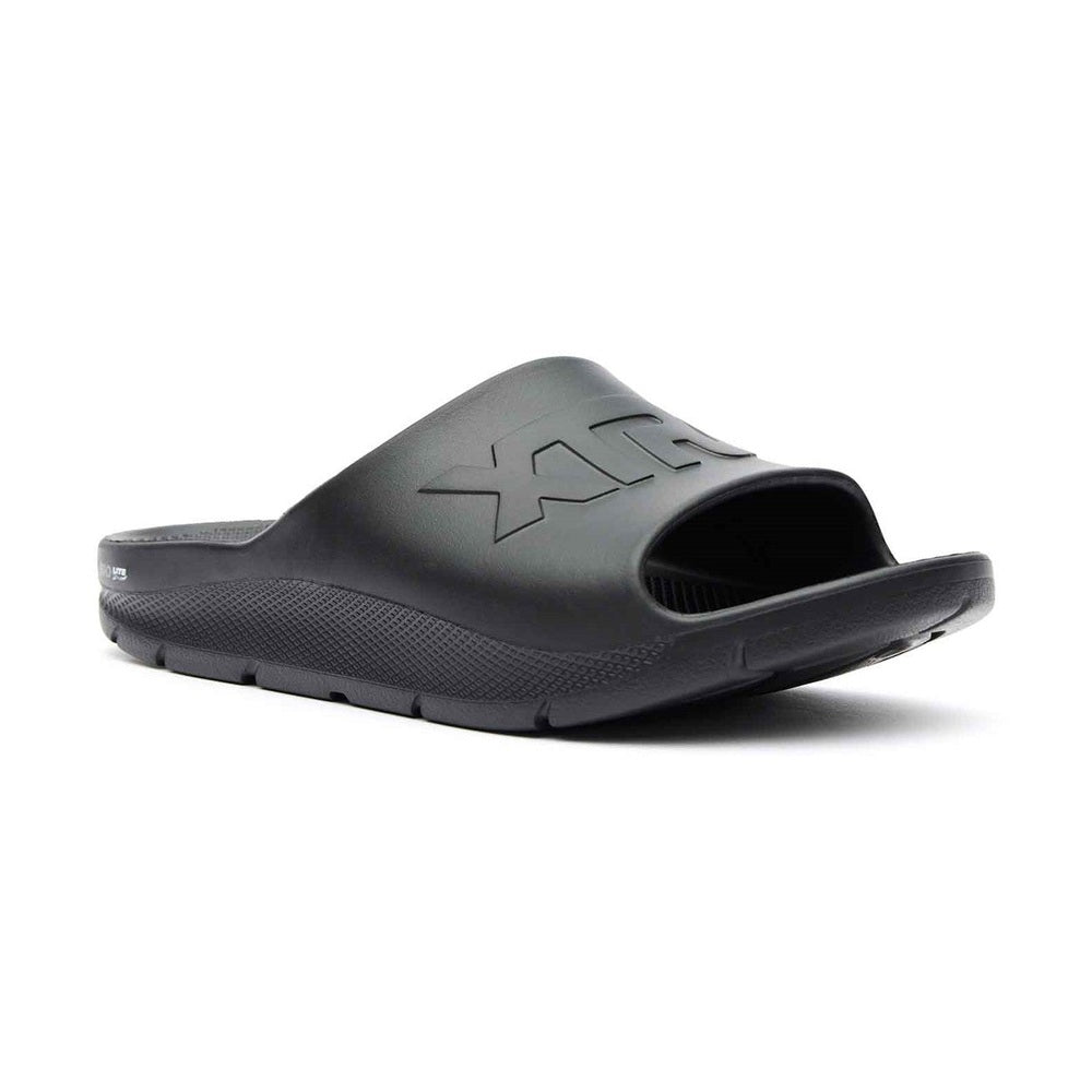 Black Apres Fish slide sandal with textured sole and embossed logo on the strap.