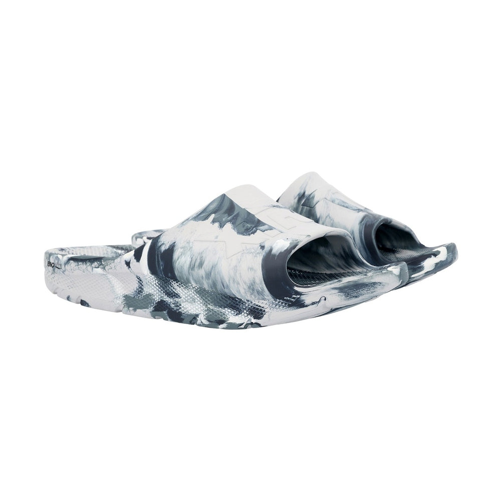 Apres Fish Slide, one-piece eco-conscious slide with a grey and white marbled pattern.