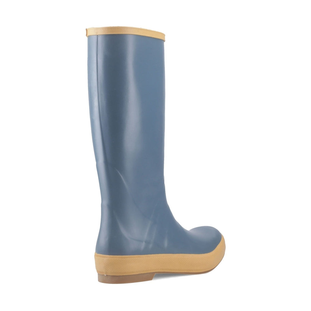 Legacy 15" Wellington boot in blue with a tan sole and top trim.