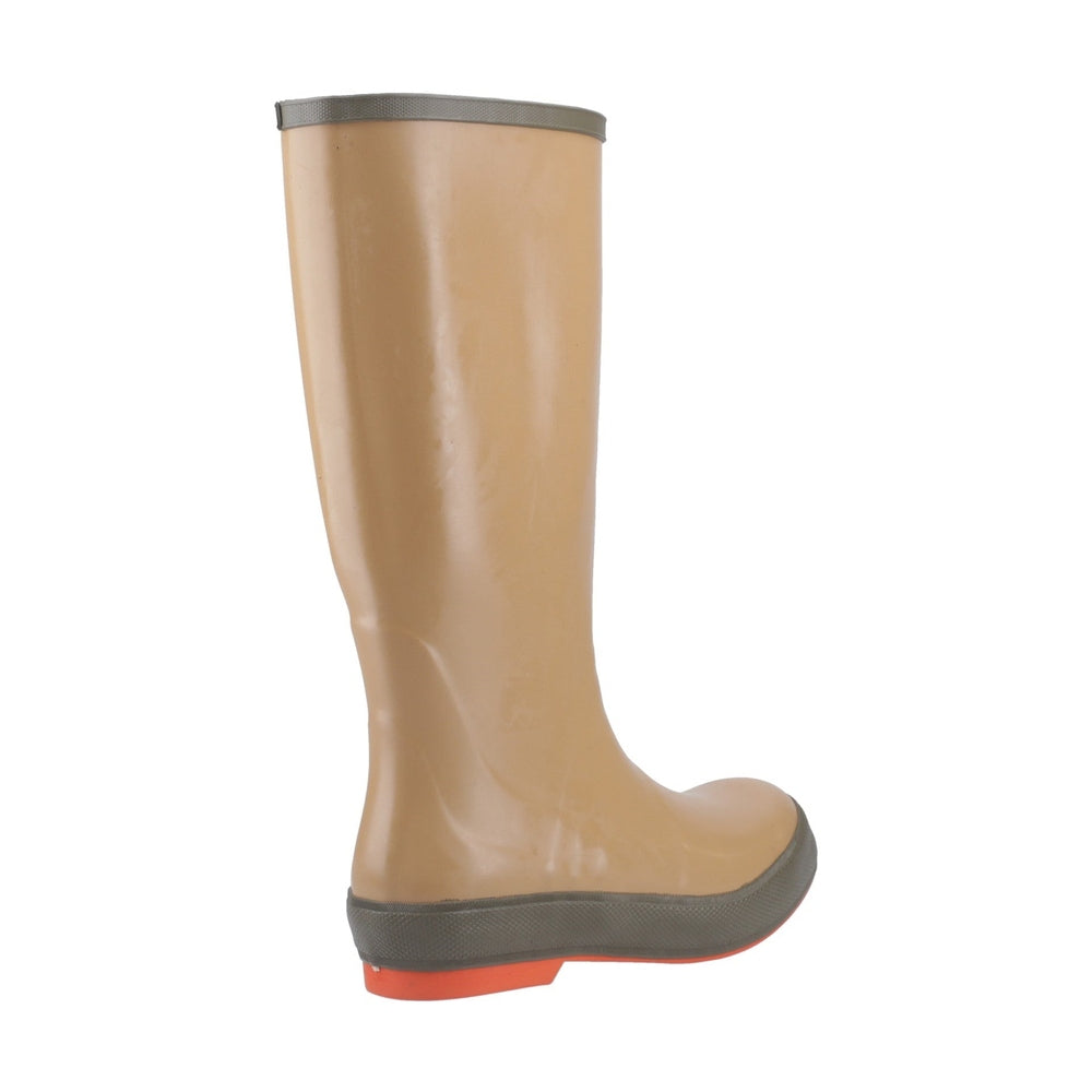 Tan Legacy 15" Wellington boot with olive trim and orange sole, designed for commercial fishing.