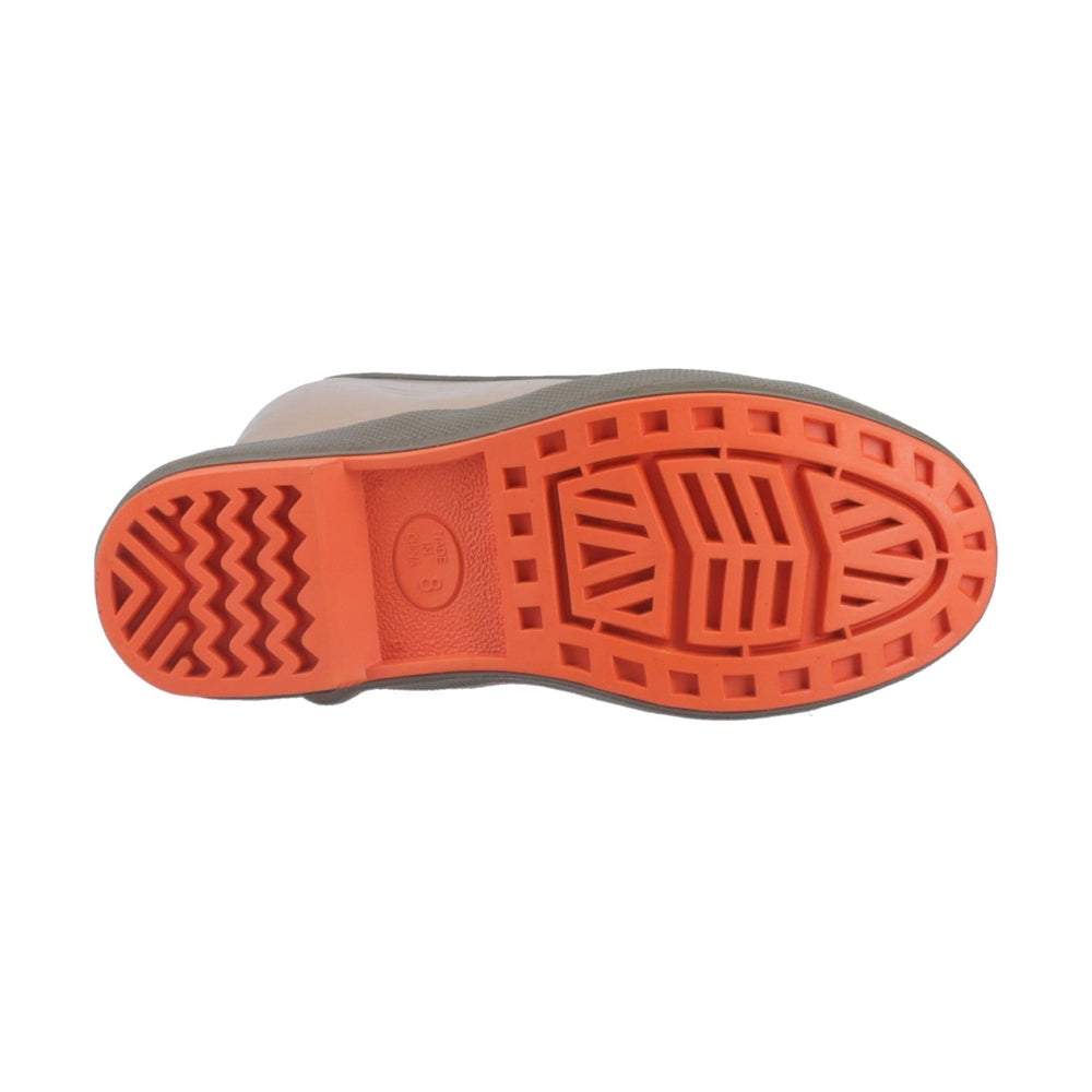 Legacy 15" Wellington boot sole, orange with deep treads for traction, size 8, "Made in China" visible.