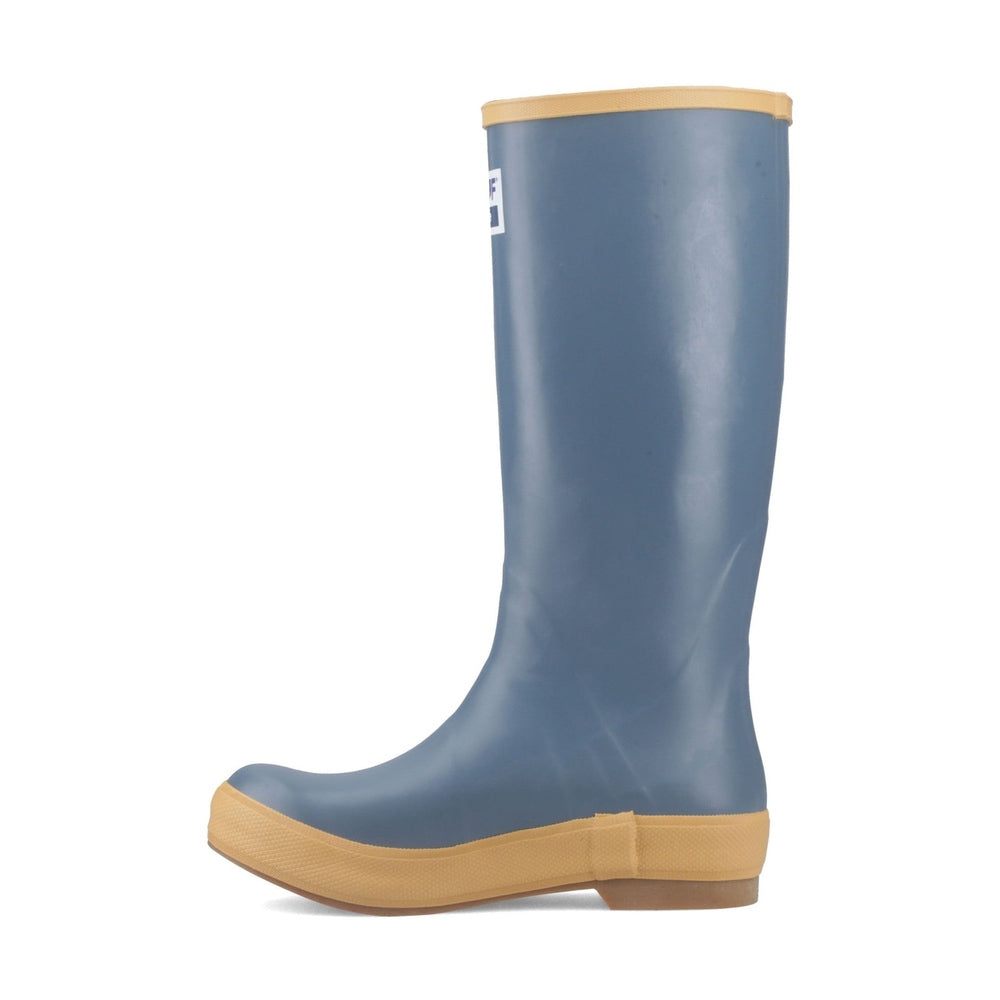 Legacy 15" Wellington boot in blue rubber with a tan sole and top trim.