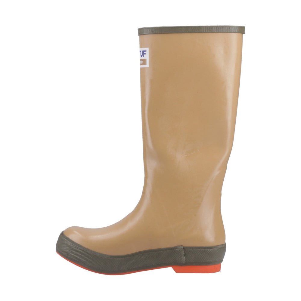 Legacy 15" Wellington boot in tan with a dark green sole and orange accent.
