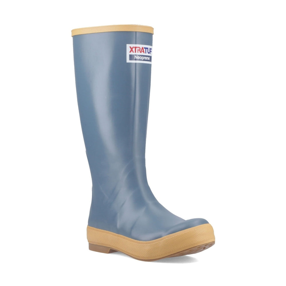 Blue Legacy 15" Wellington boot with tan sole and top trim, XTRATUF Neoprene logo.