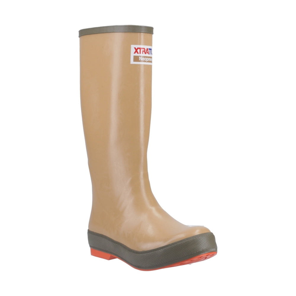 Legacy 15" Wellington boot in tan with olive green trim and red sole.