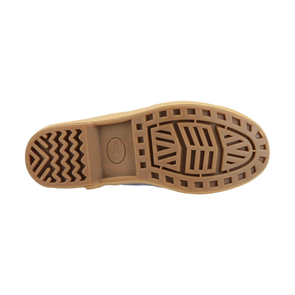 Brown rubber sole of a Legacy Deck Boot, size 8, with deep non-slip treads.