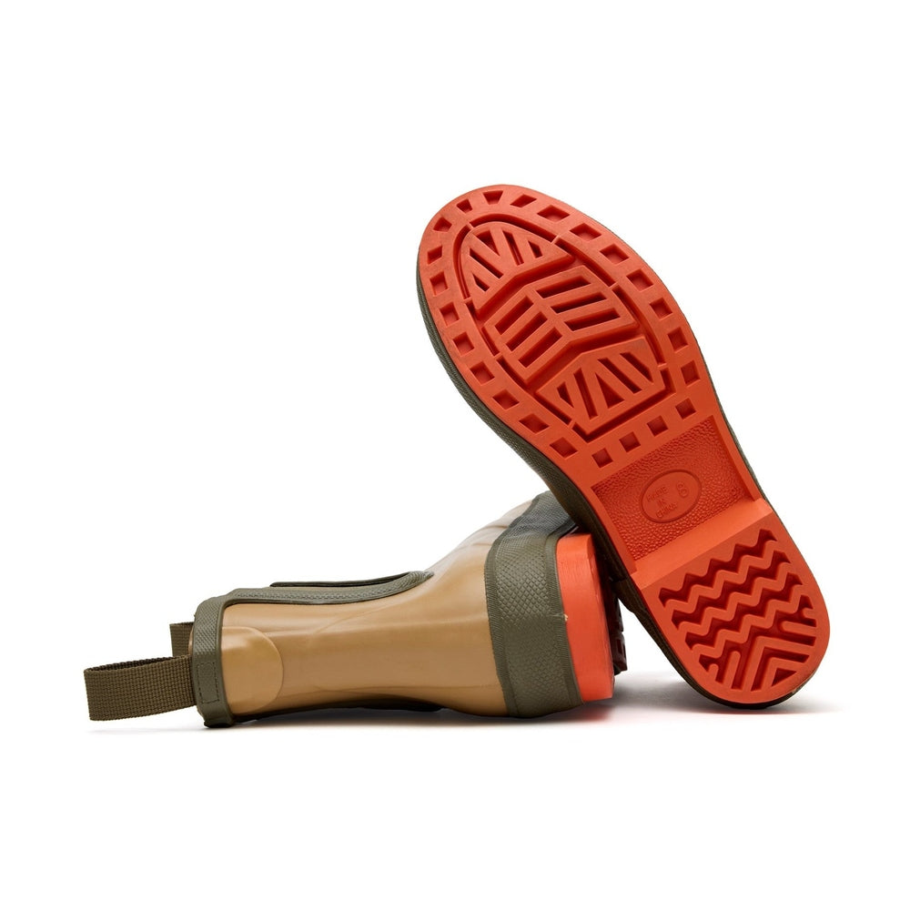 Khaki Legacy Deck Boots with olive green trim and bright orange non-slip soles.