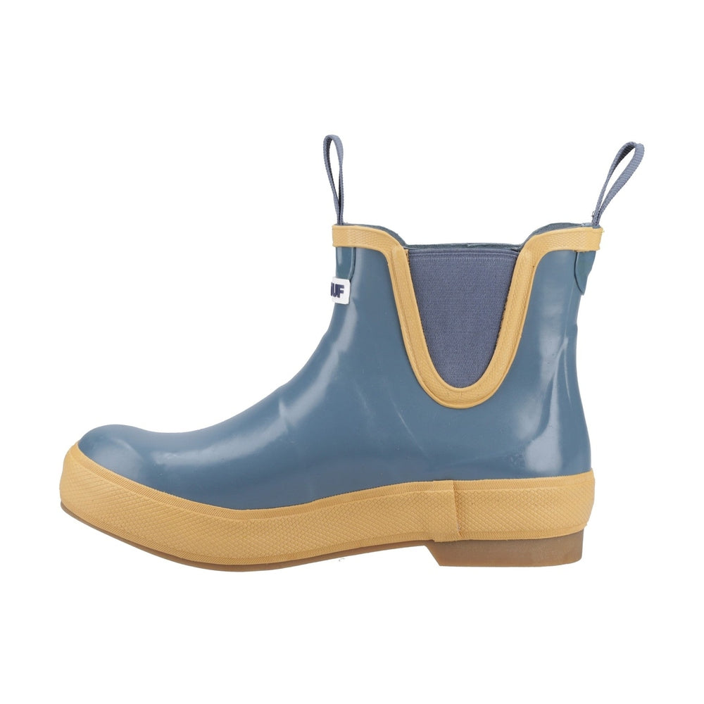 Blue Legacy Deck Boot with tan sole, elastic side panels, and pull tabs.