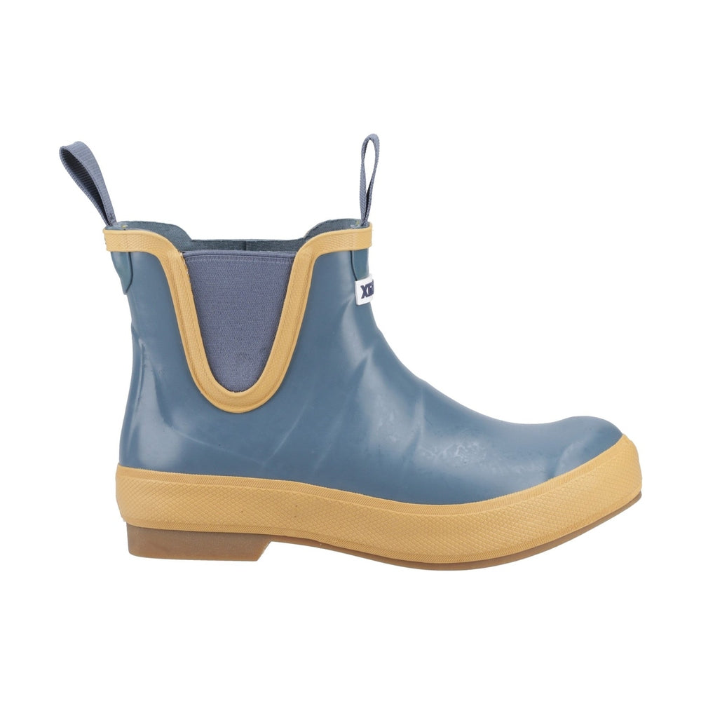 Blue Legacy Deck Boot with tan sole and trim, featuring pull tabs and elastic sides.