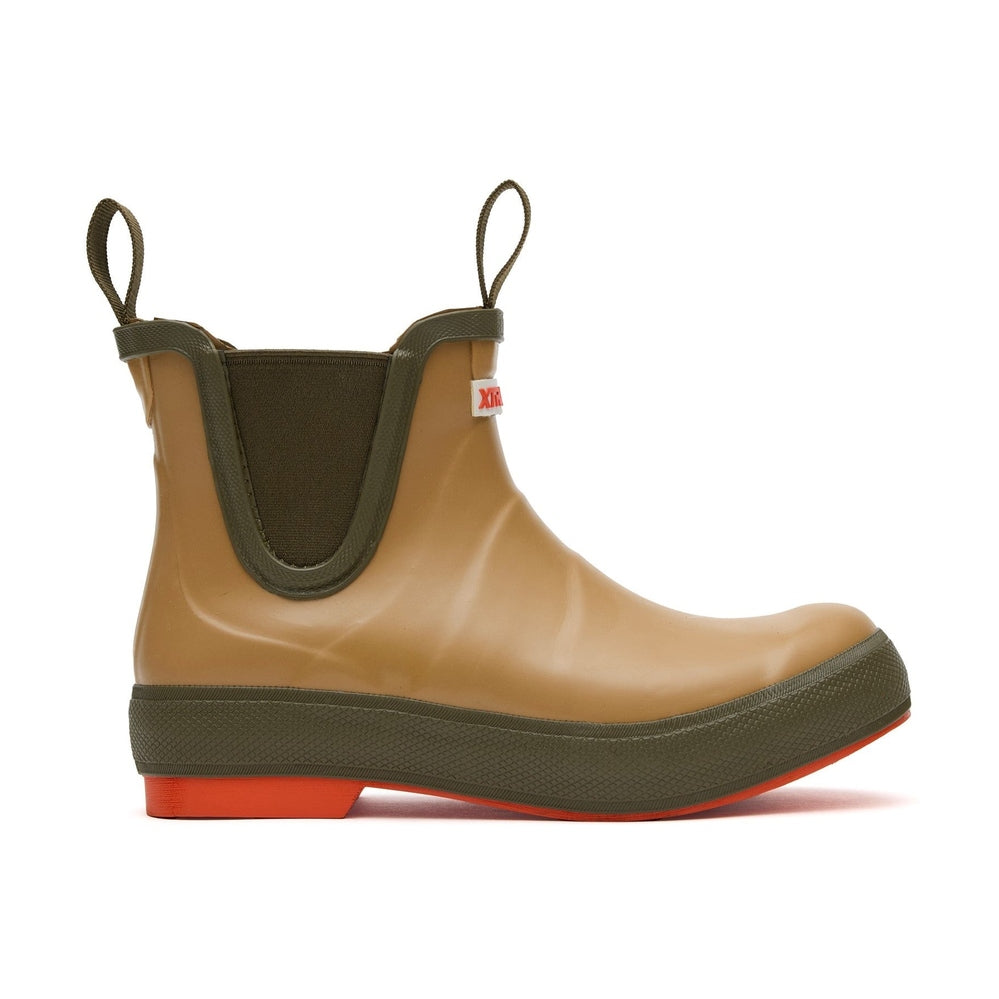 Tan Legacy Deck Boot with olive green accents, orange sole, and pull tabs.