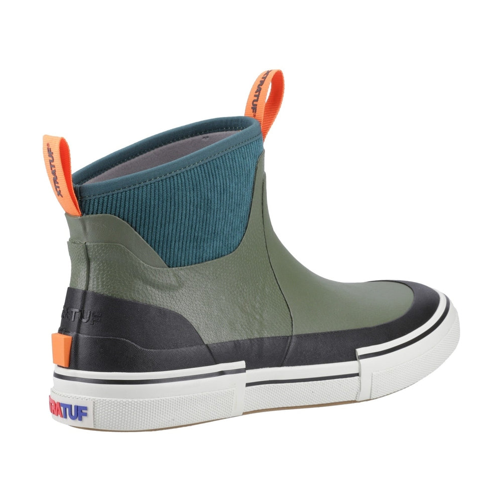Green XTRATUF Ankle Deck Boot with teal knit cuff, black accents, and white sole.