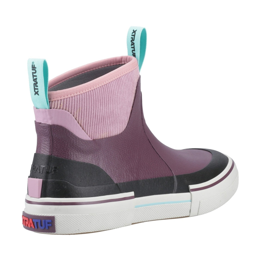 XTRATUF Out of the Ordinary Ankle Deck Boot in purple and pink with mint pull tabs.