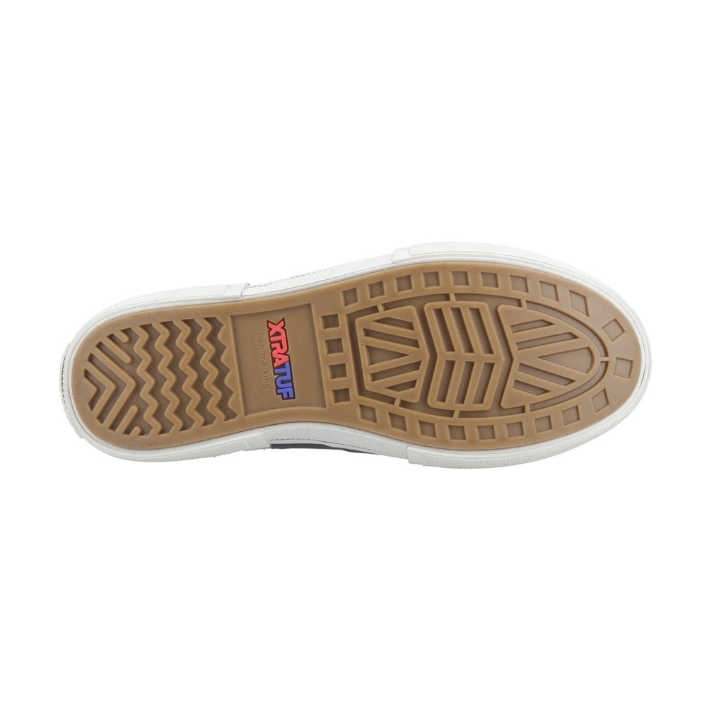 Brown non-marking rubber sole of an XTRATUF Ankle Deck Boot with wavy and geometric tread patterns.