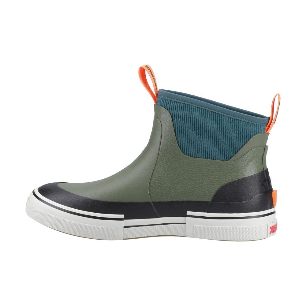 Olive green waterproof ankle deck boot with teal ribbed cuff, black accents, white sole, and orange pull tabs.