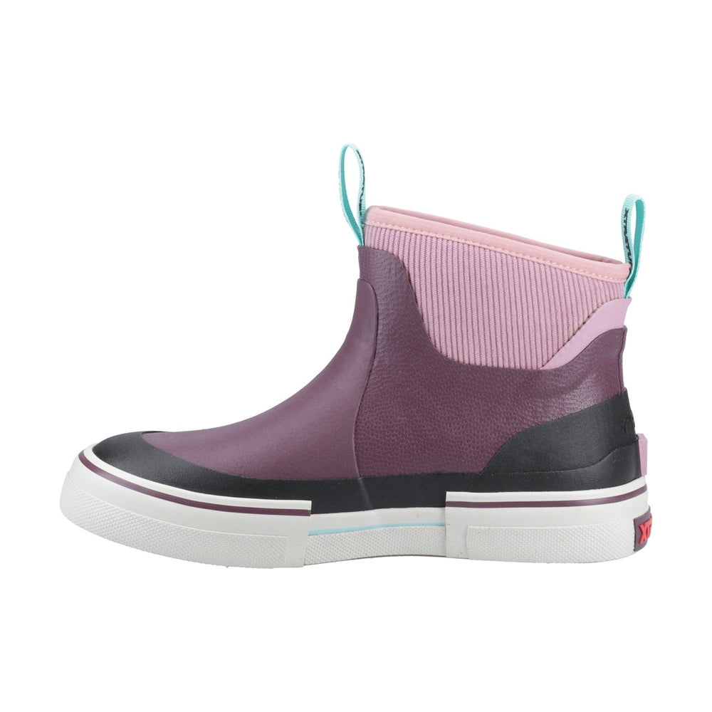 Purple waterproof ankle deck boot with pink ribbed cuff, black sole, and teal pull tabs.