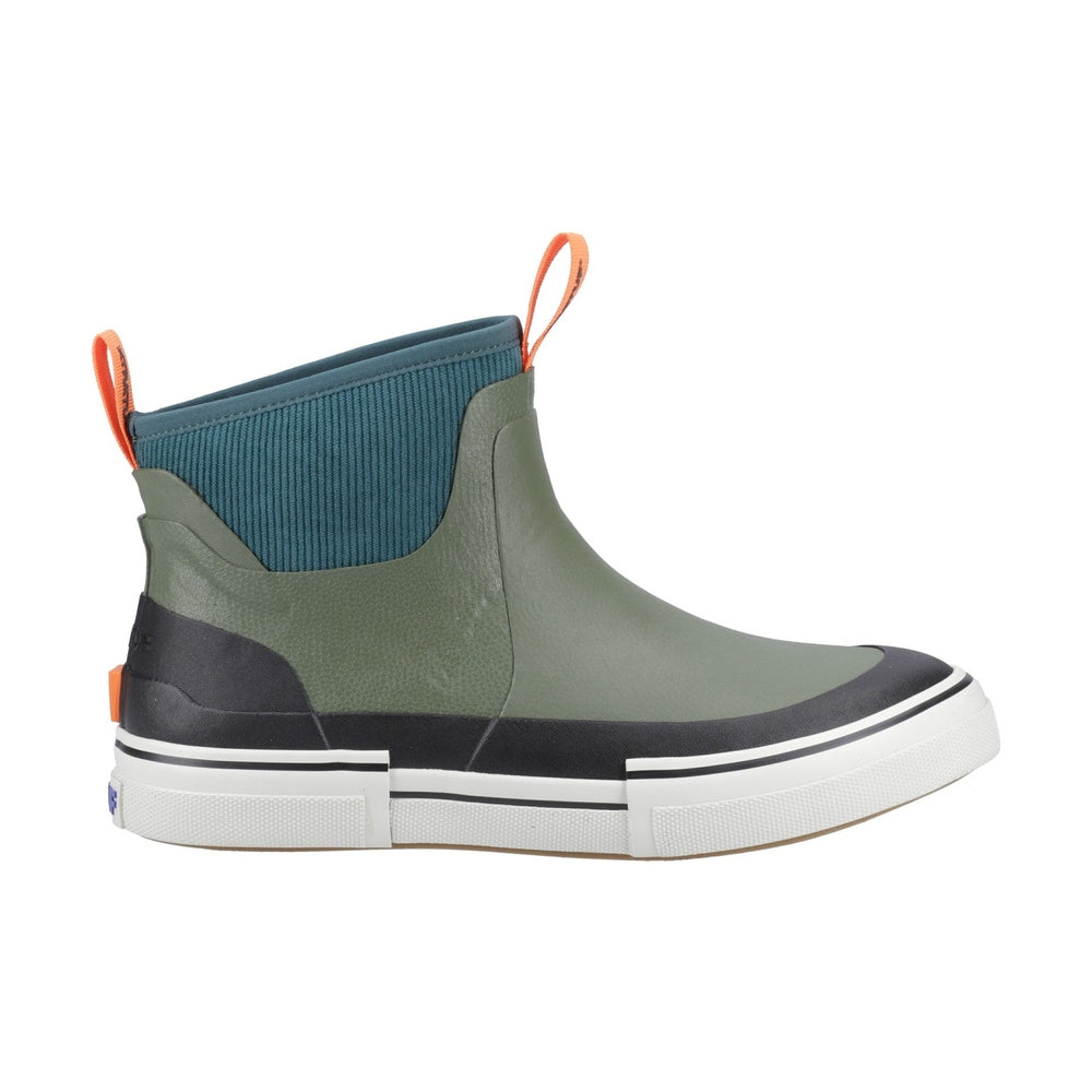 Olive green waterproof ankle deck boot with teal ribbed cuff, black sole, and orange pull tabs.