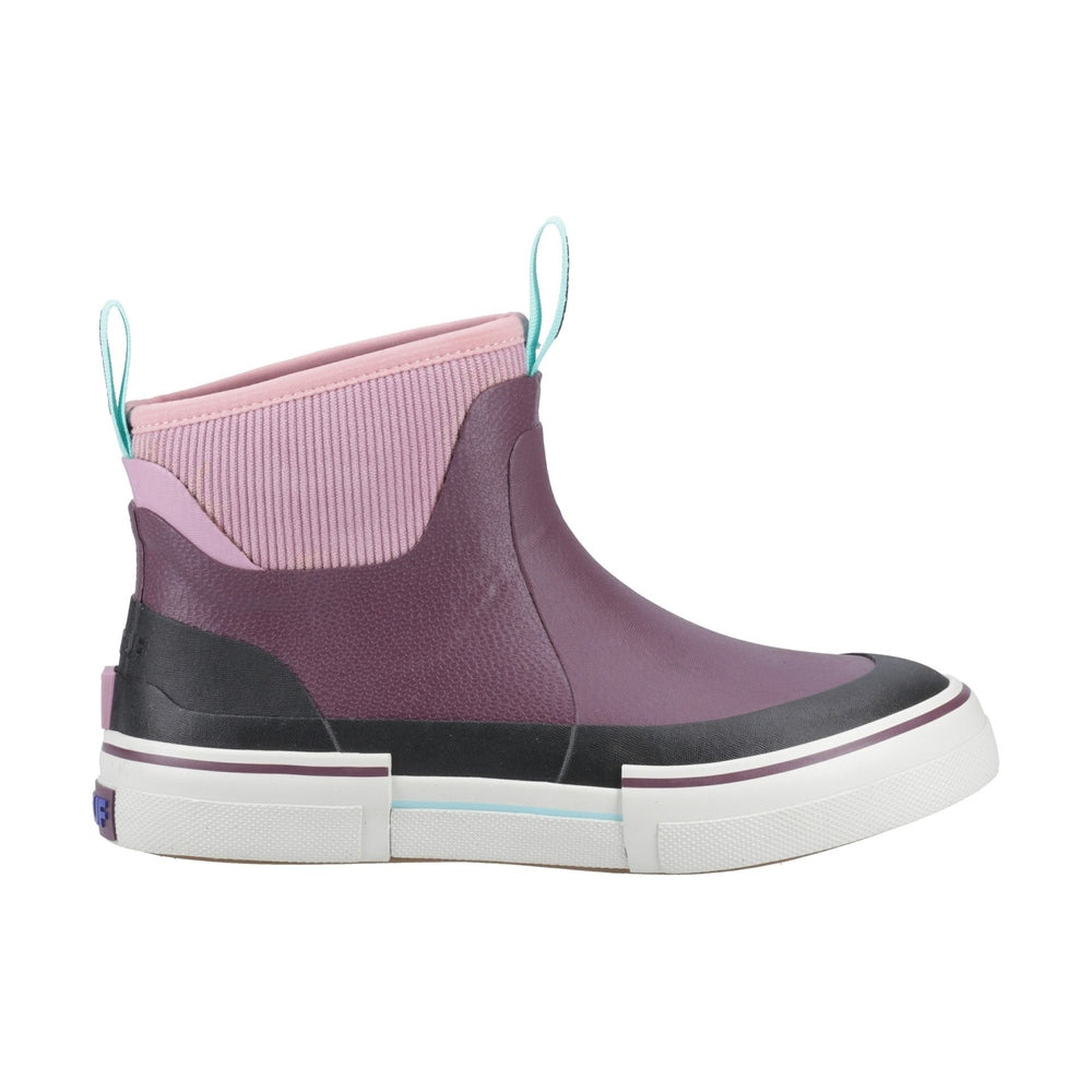 Purple and pink waterproof ankle deck boot with black sole and white trim.