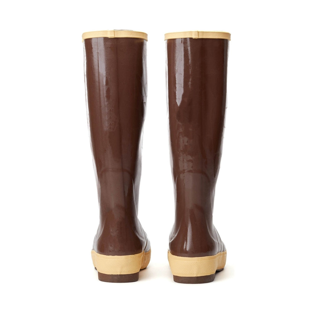 Pair of brown Xtratuf Salmon Sisters 15" Legacy Boots with tan soles and trim, seen from the back.