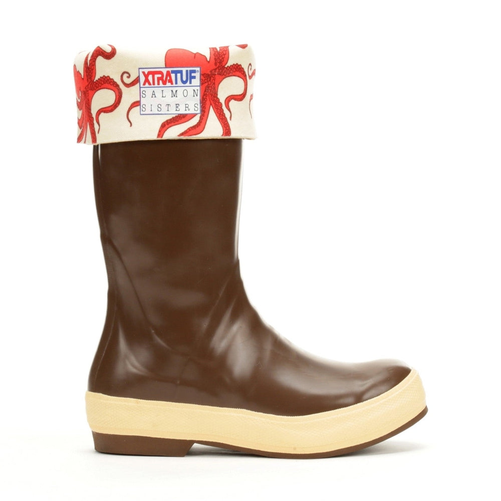 Brown Xtratuf Salmon Sisters 15" Legacy Boot with a cream cuff featuring red octopus artwork.