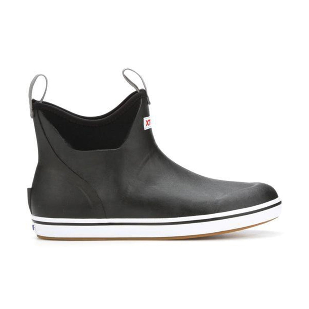 Women's black Xtratuf ankle deck boot with white sole stripes and pull tabs.